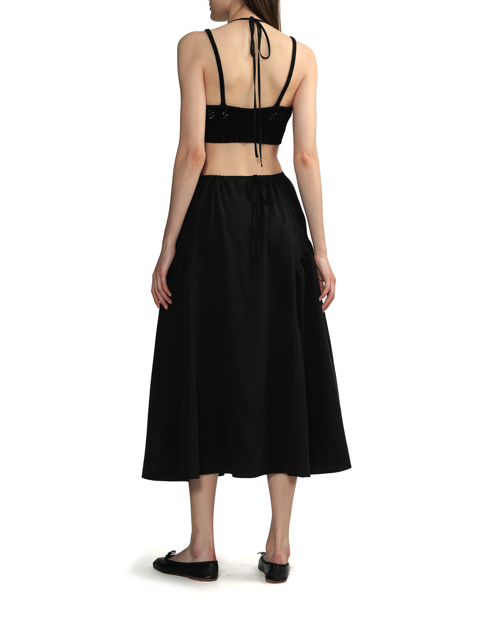Crochet knitted bra-top layered cut-out halterneck midi dress