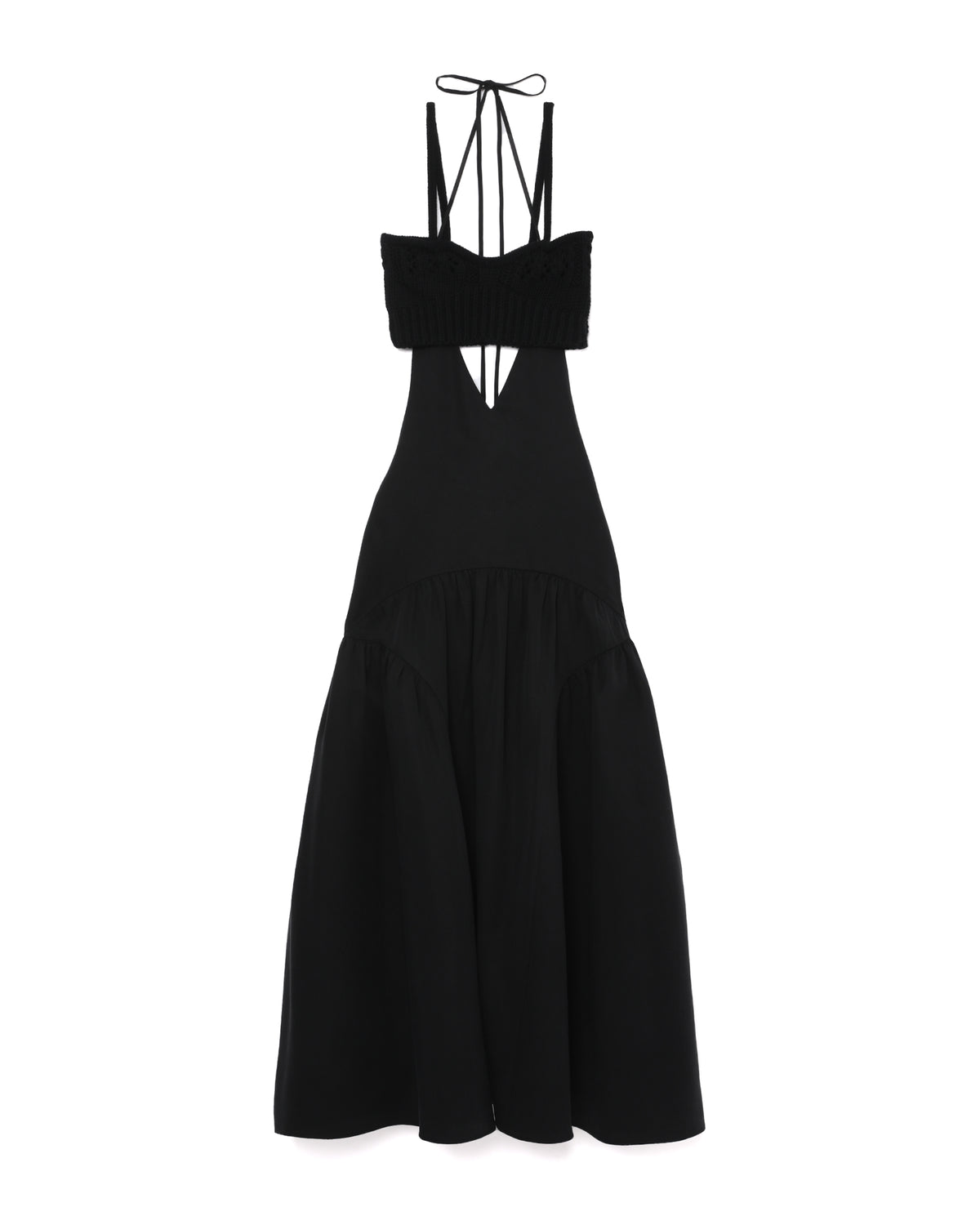 Crochet knitted bra-top layered cut-out halterneck midi dress
