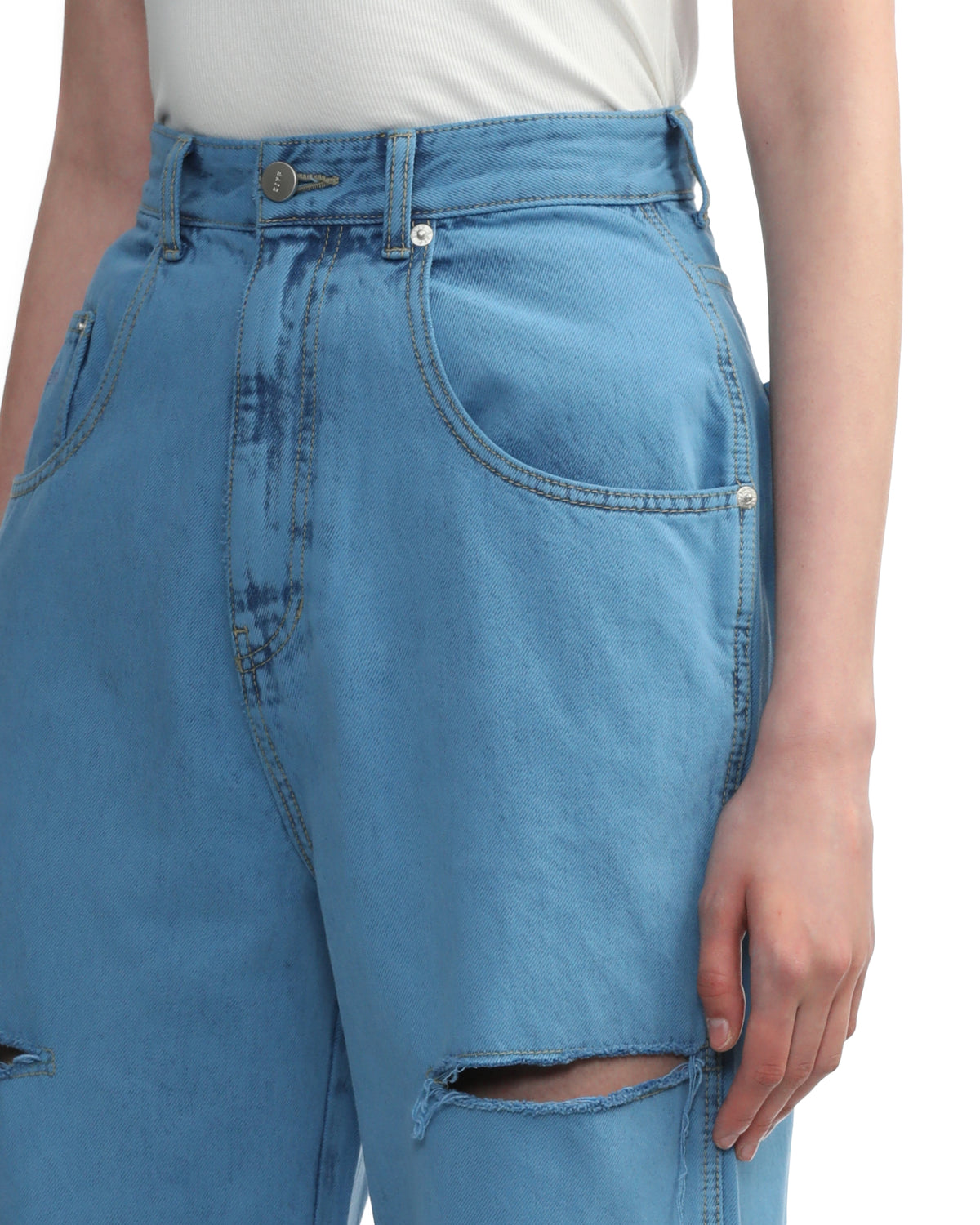 Distressed denim jeans