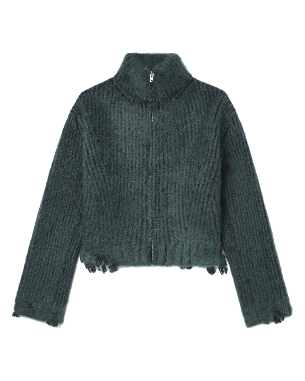 Distressed ribbed zip-up cardigan
