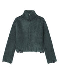 Distressed ribbed zip-up cardigan