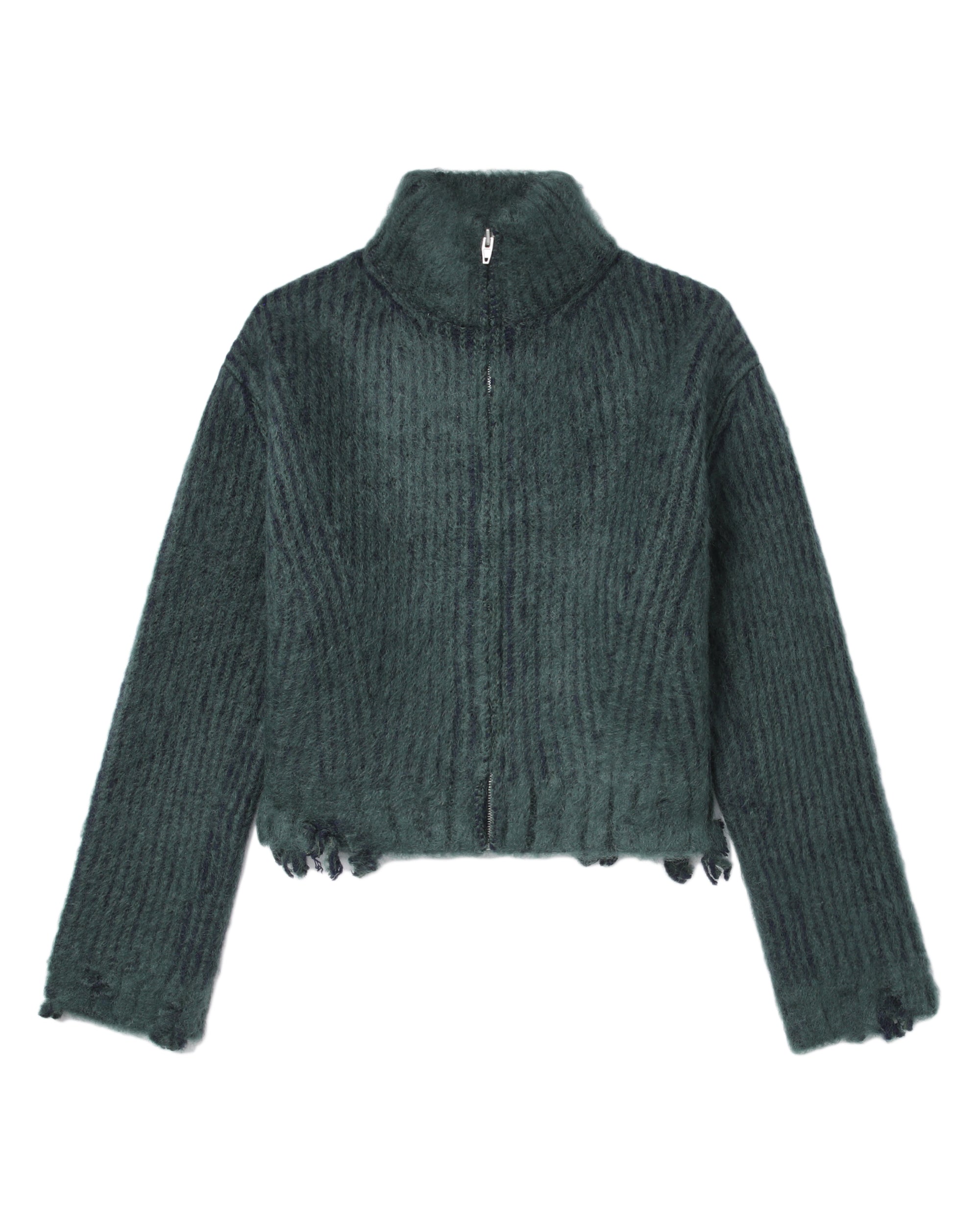 Distressed ribbed zip-up cardigan