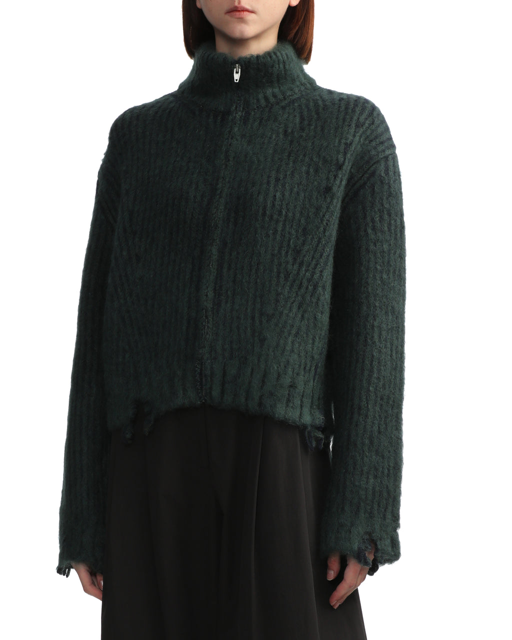 Distressed ribbed zip-up cardigan