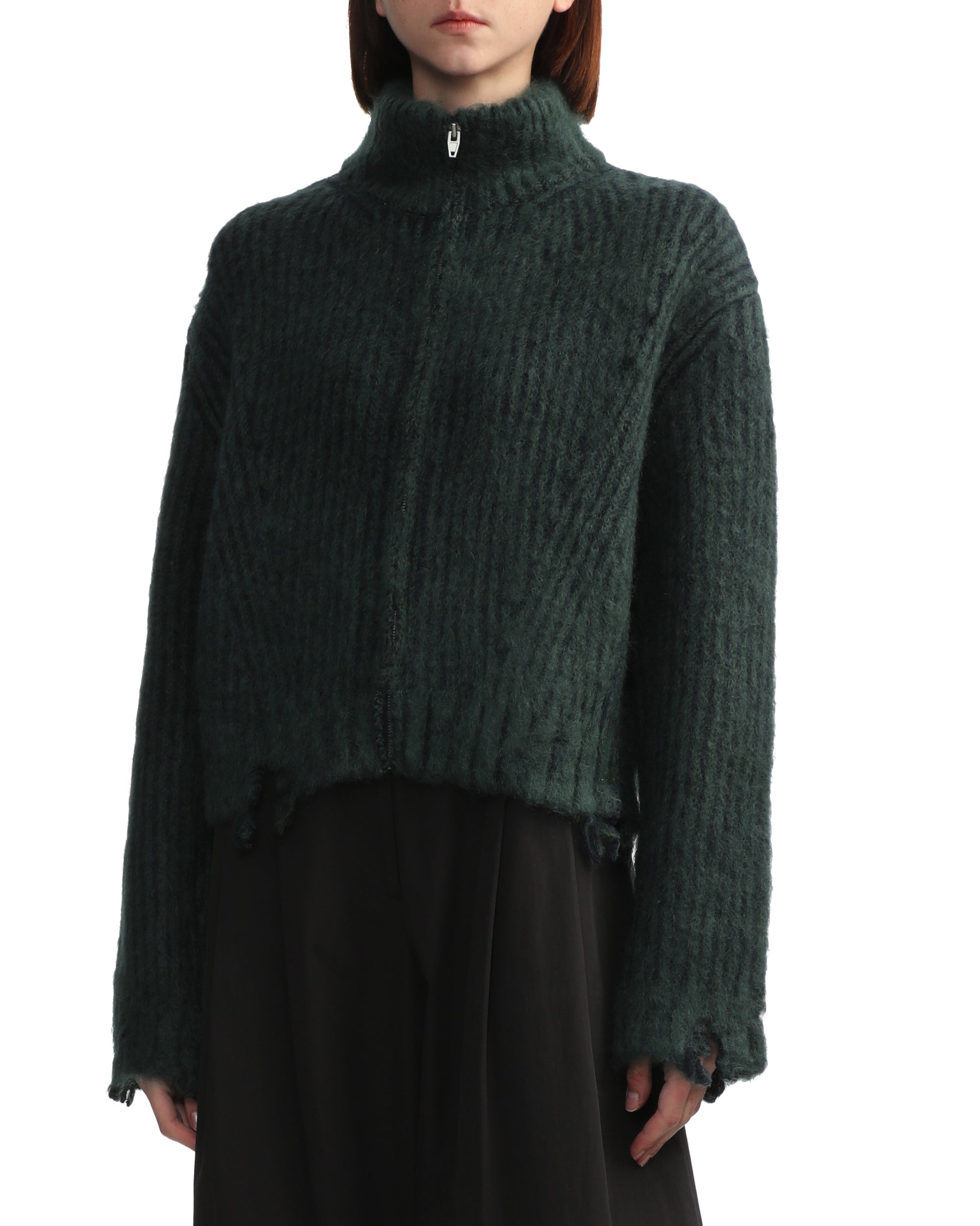 Distressed ribbed zip-up cardigan