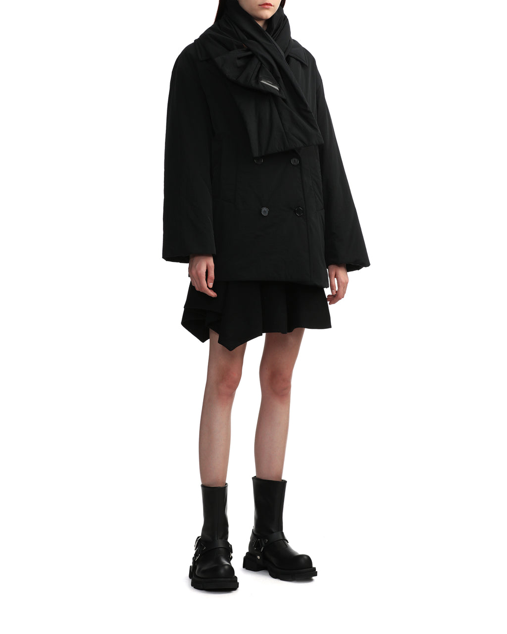 Padded double-breasted coat with detachable scarf