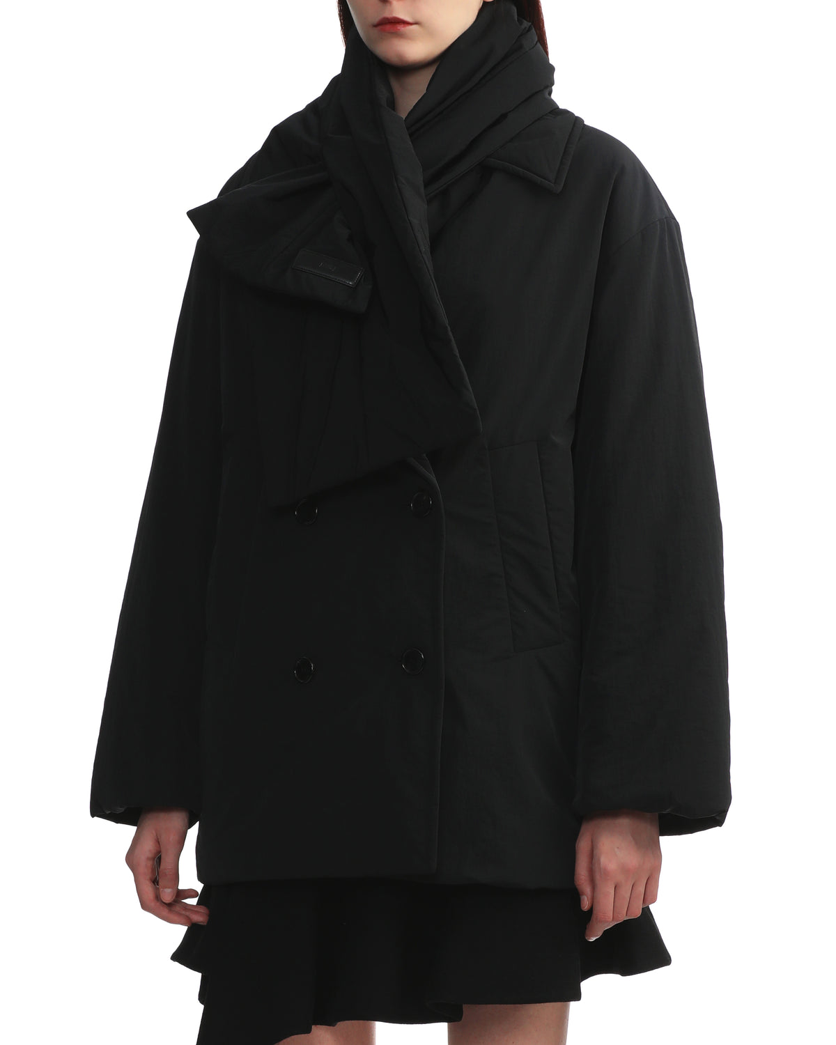 Padded double-breasted coat with detachable scarf