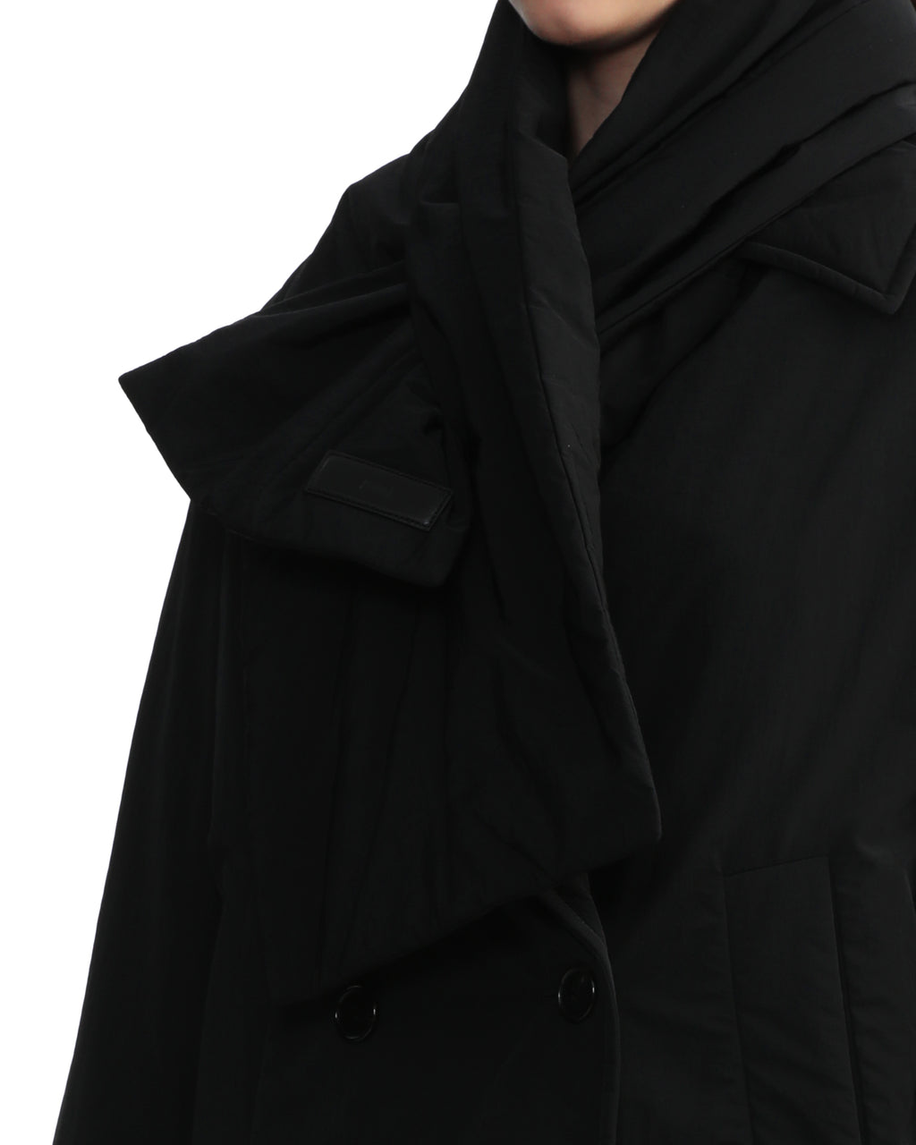 Padded double-breasted coat with detachable scarf