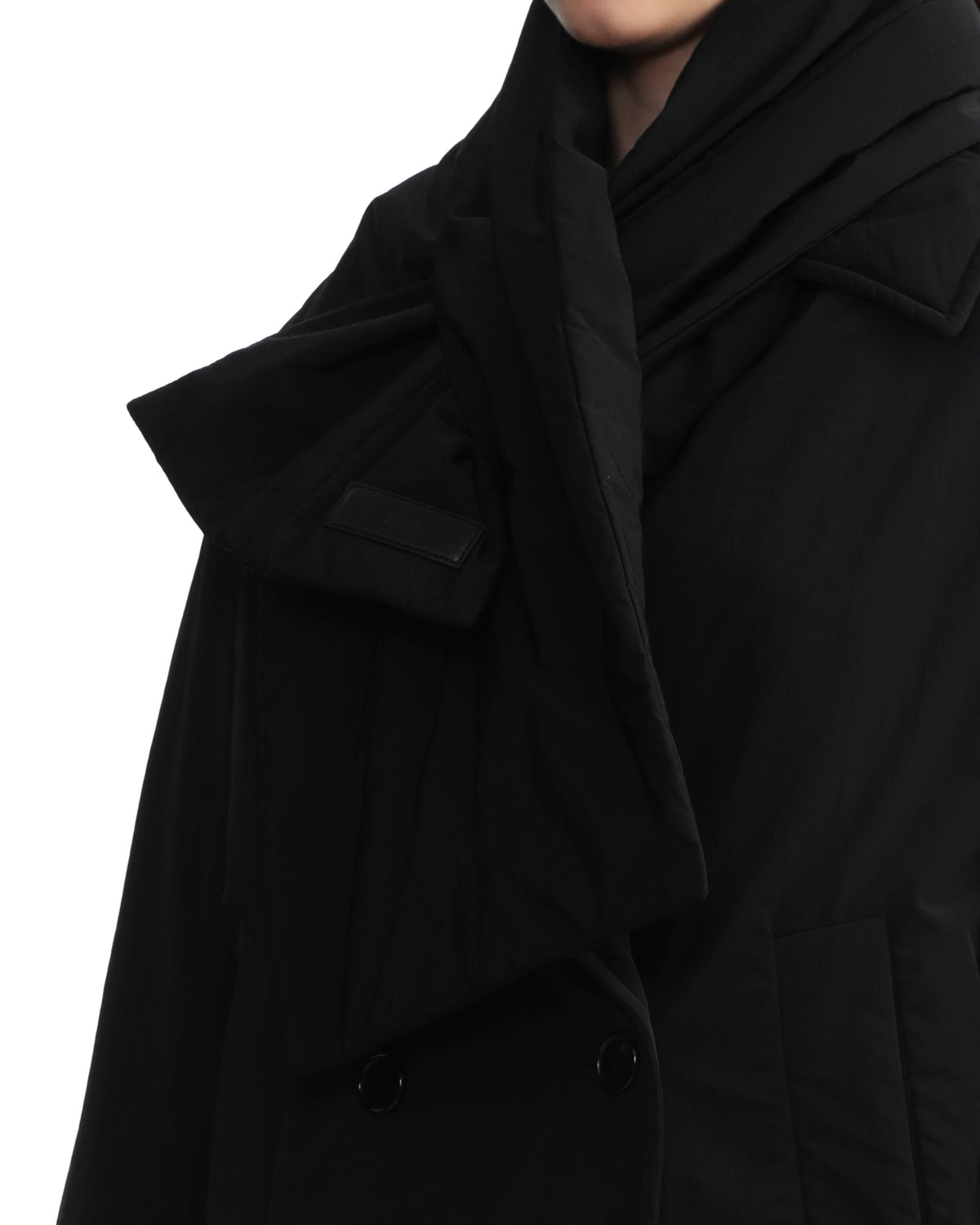 Padded double-breasted coat with detachable scarf