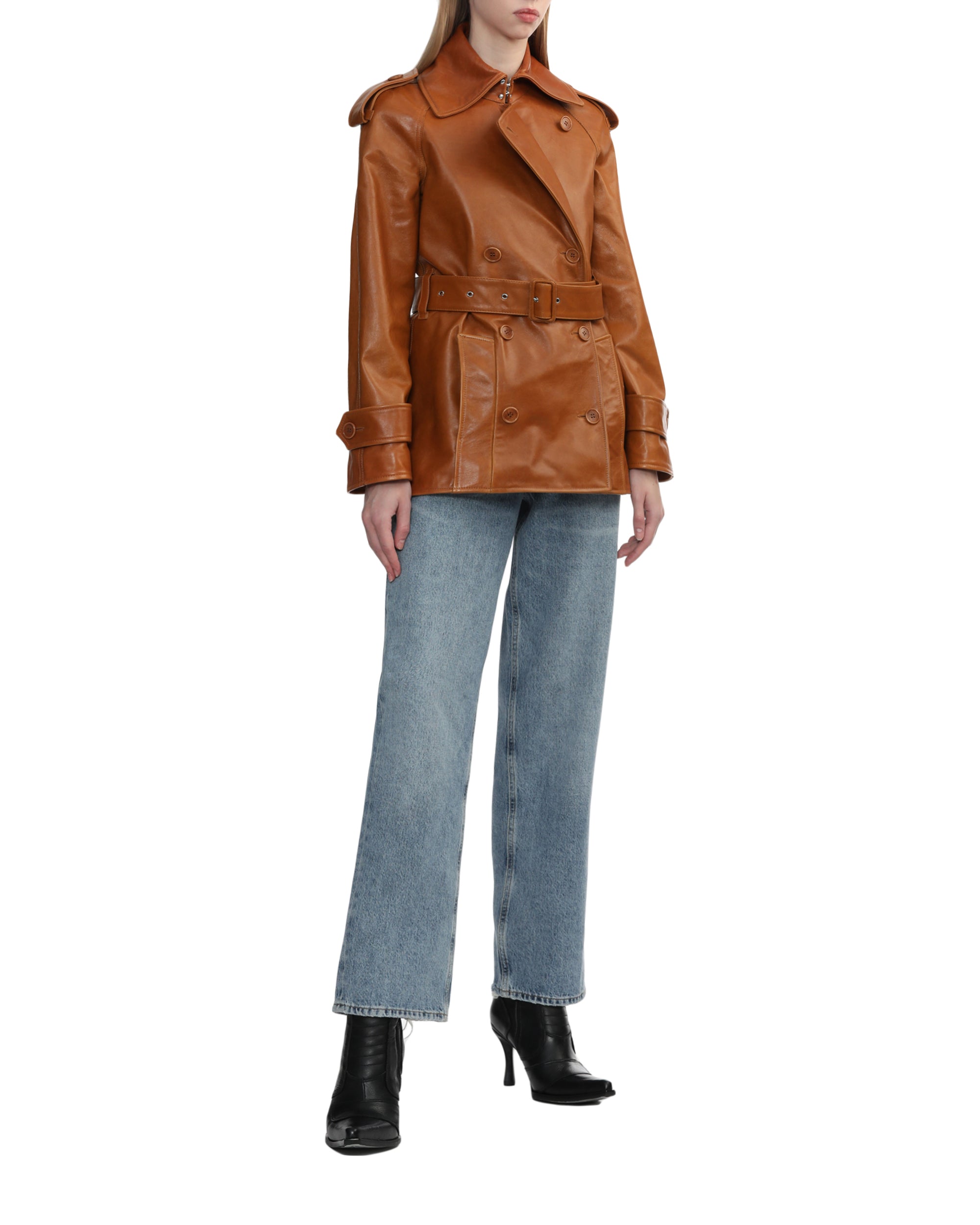 Short leather trench jacket