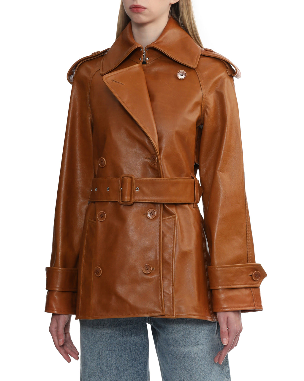Short leather trench jacket