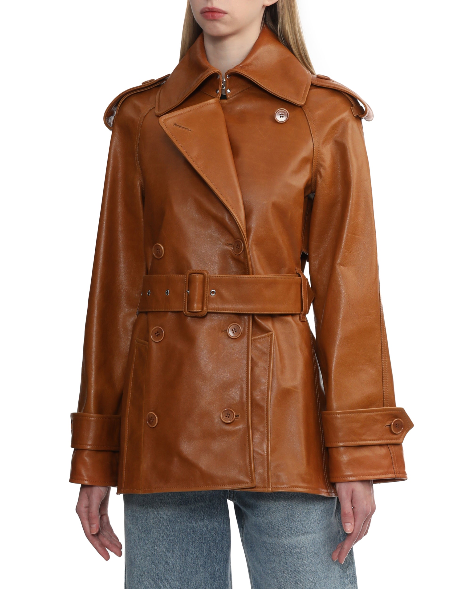 Short leather trench jacket