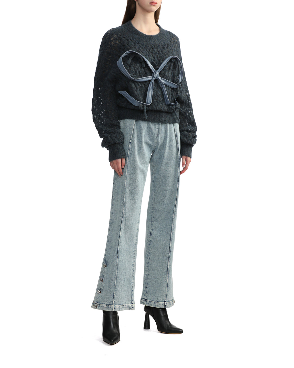 Mohair leather bow knit sweater