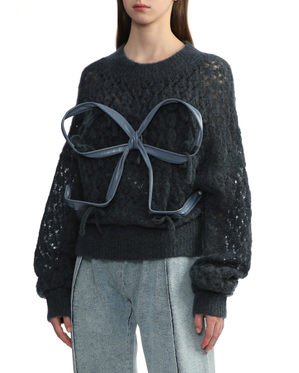 Mohair leather bow knit sweater