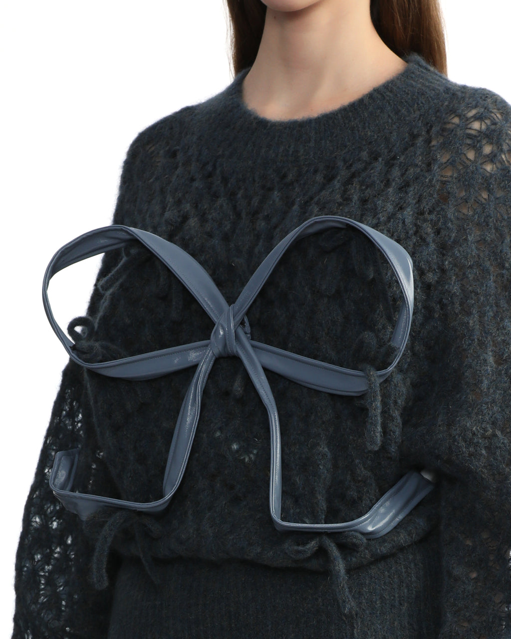 Mohair leather bow knit sweater