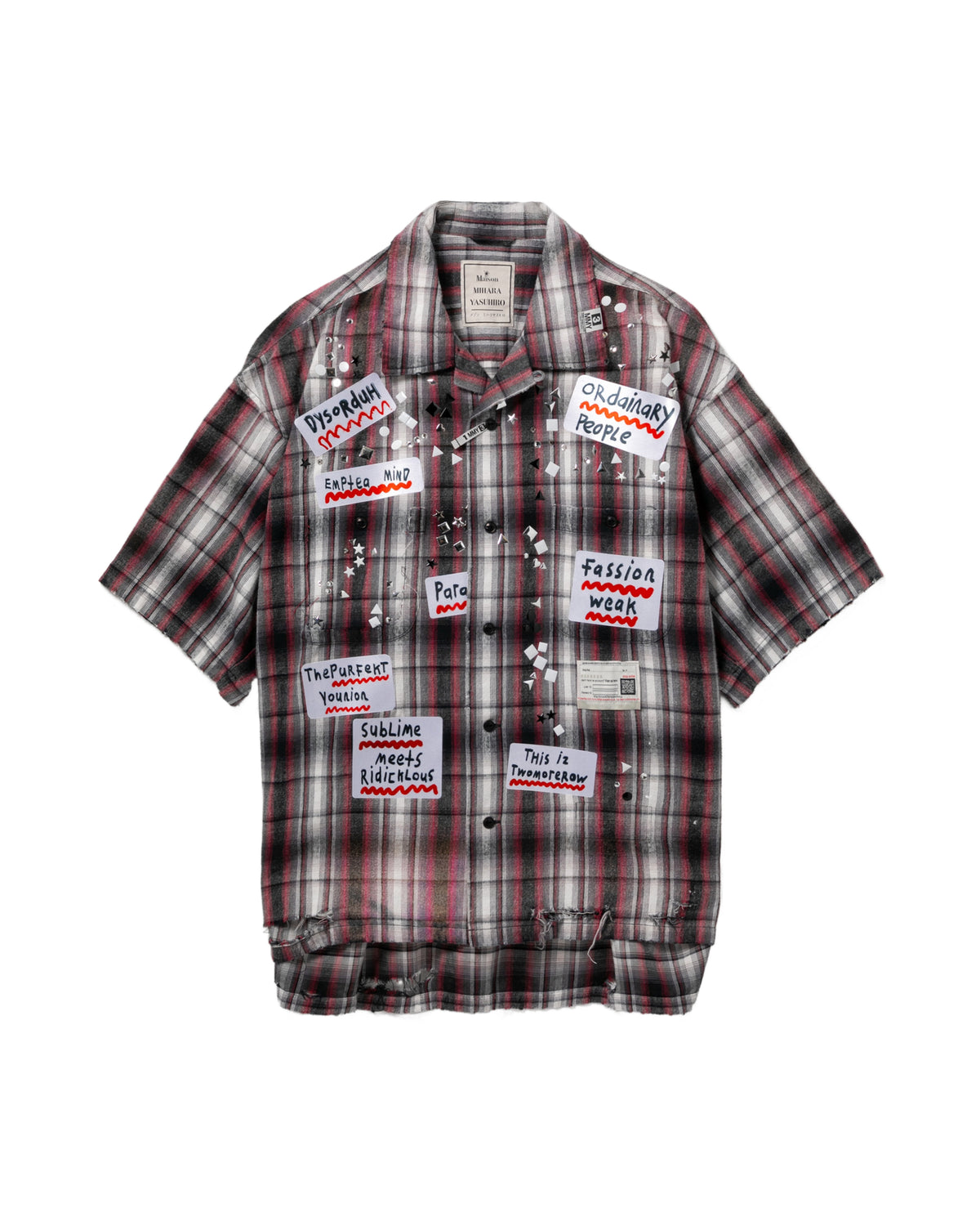Embellished sticker short sleeve check shirt