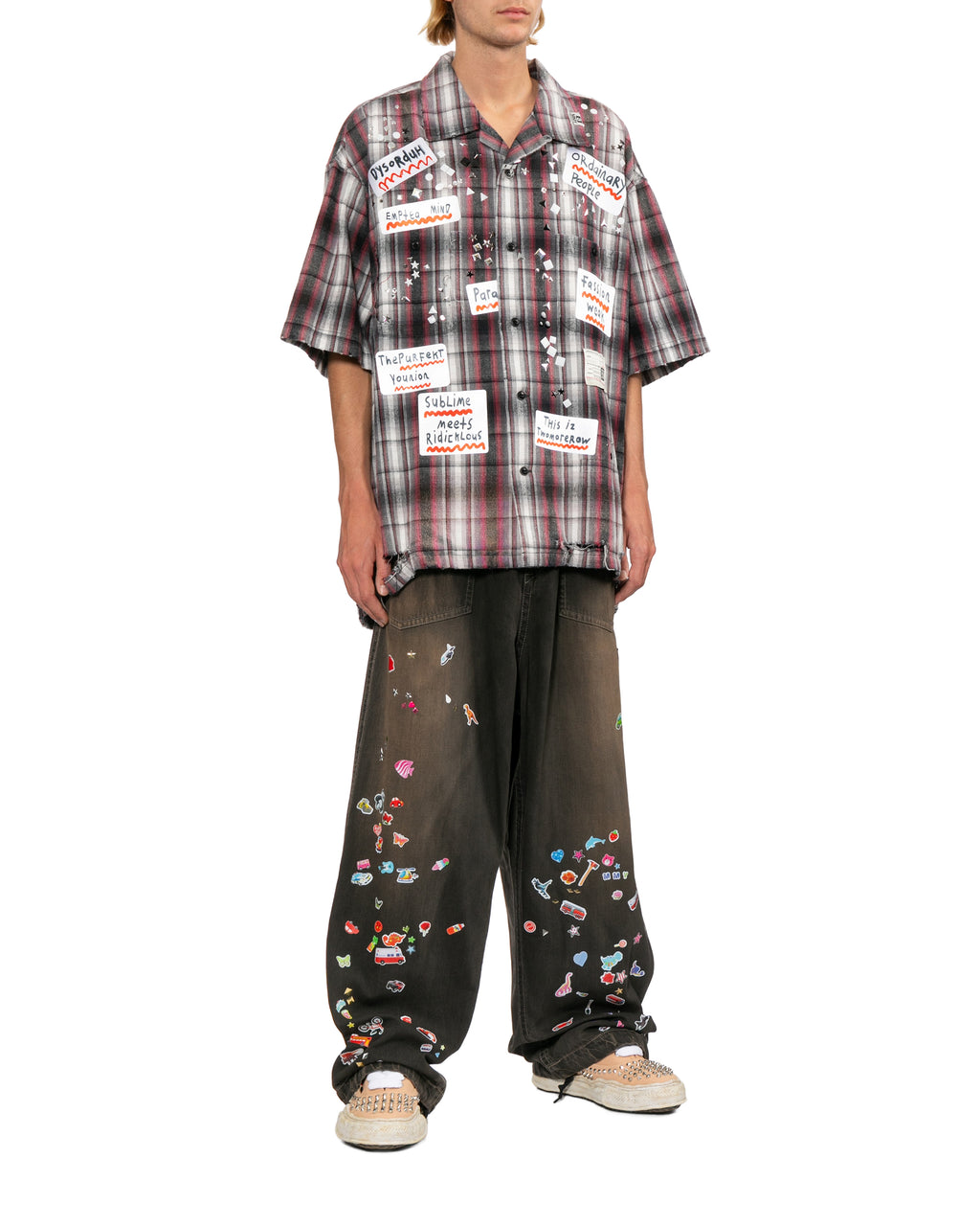 Embellished sticker short sleeve check shirt