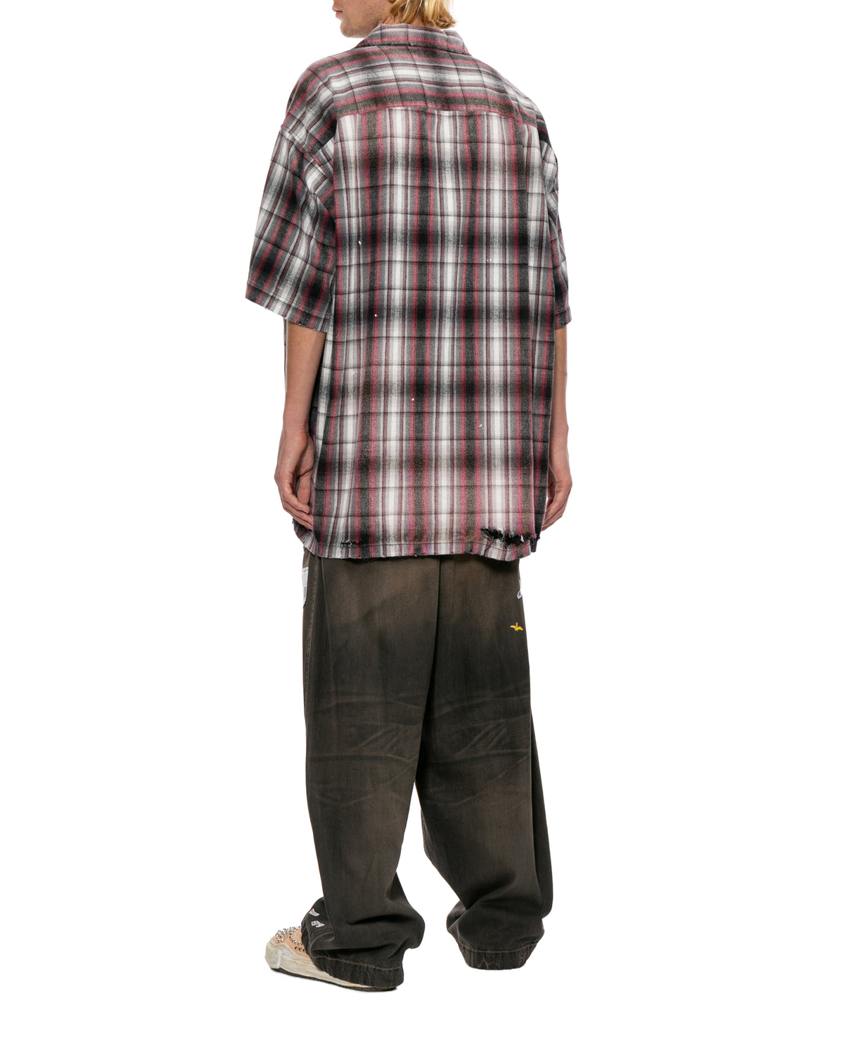 Embellished sticker short sleeve check shirt