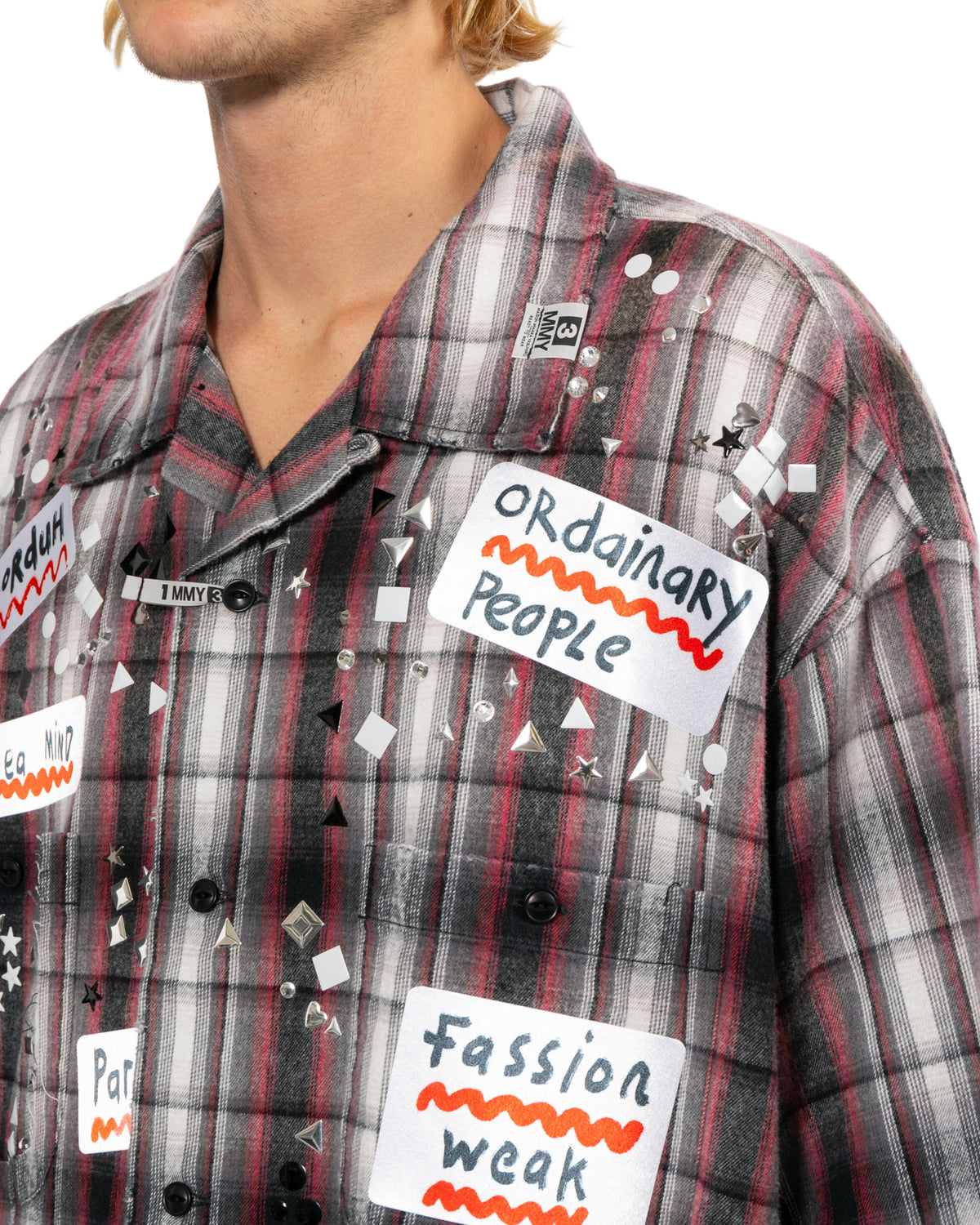 Embellished sticker short sleeve check shirt