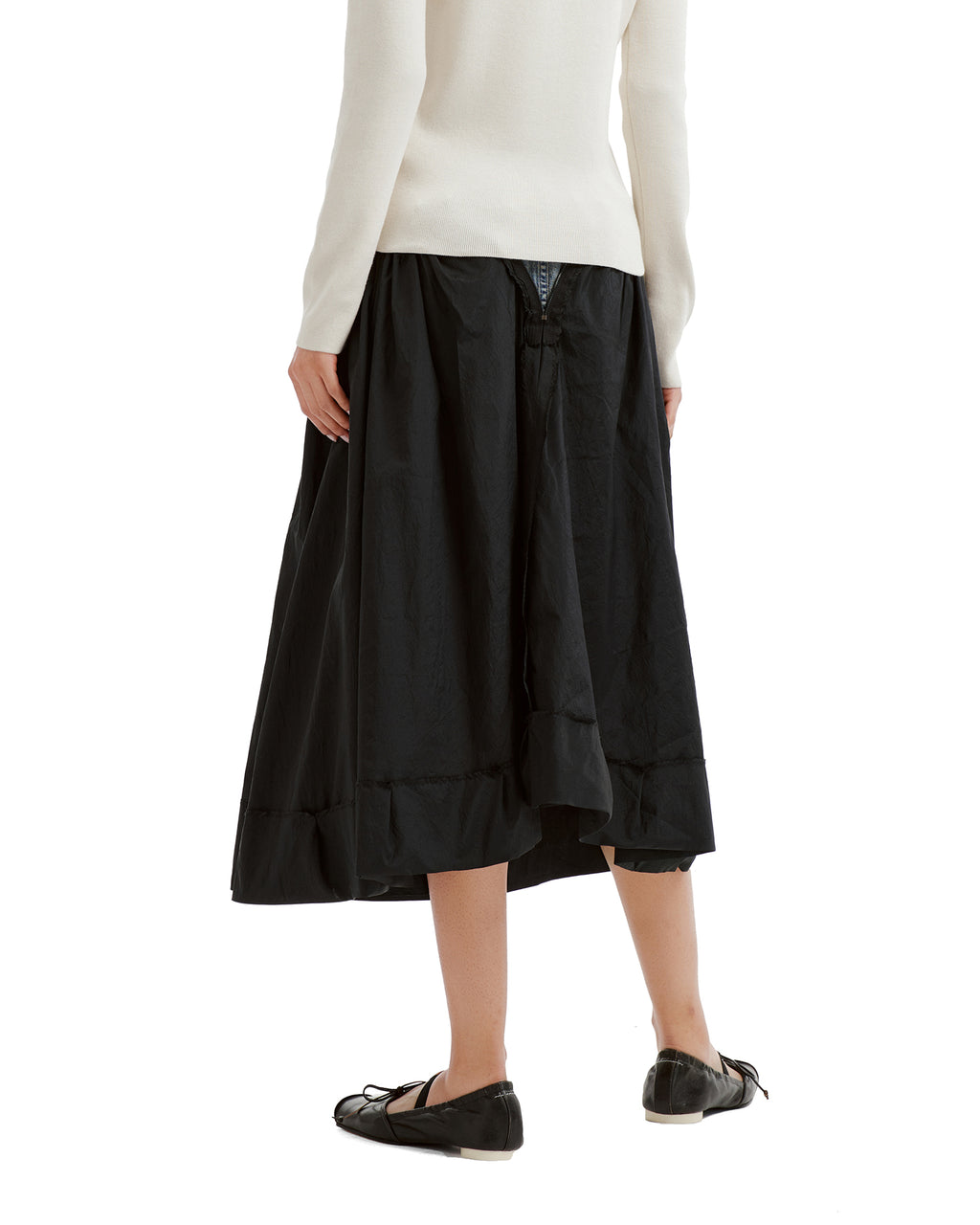 Layered denim-waist midi skirt