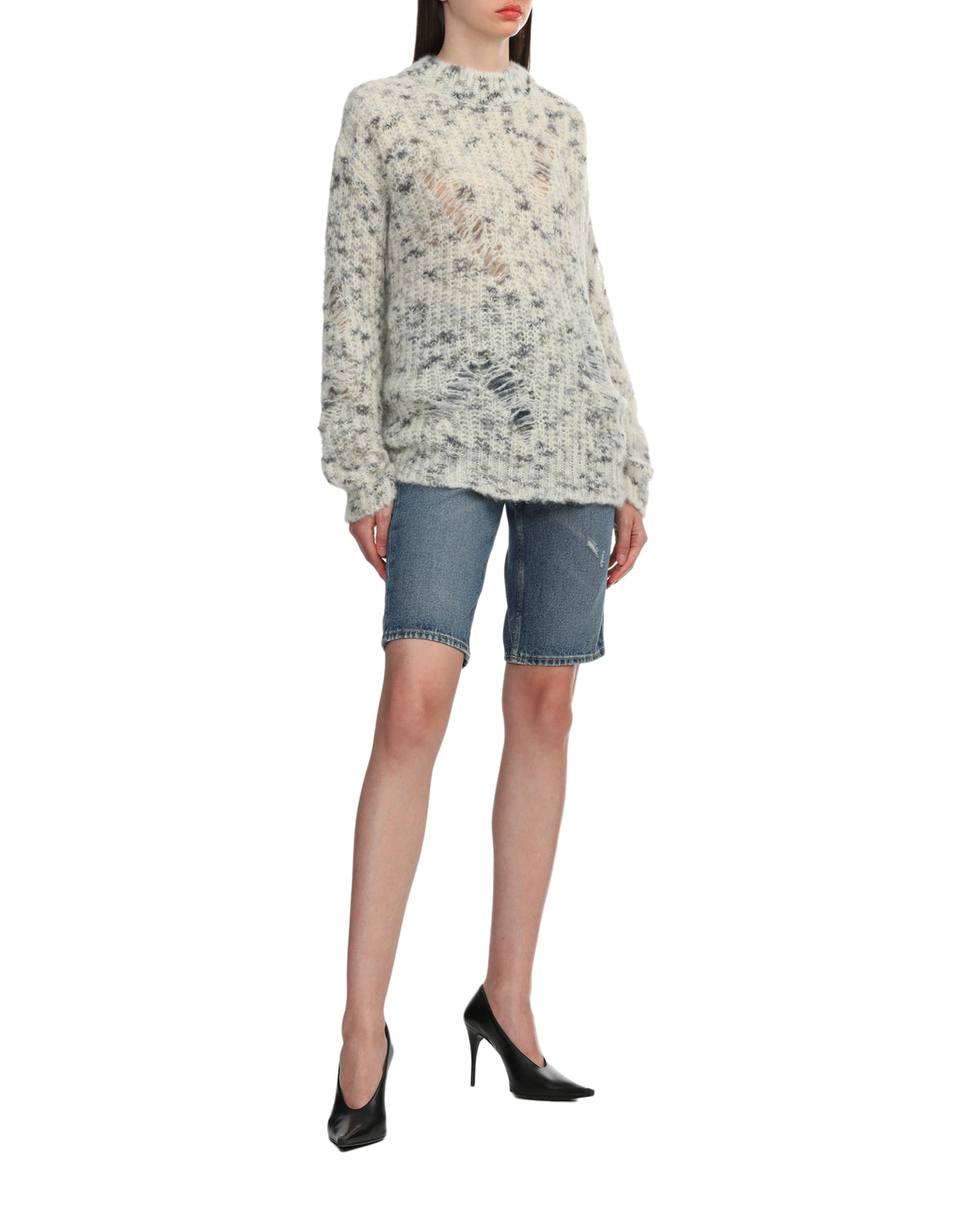 Distressed marble-knit jumper
