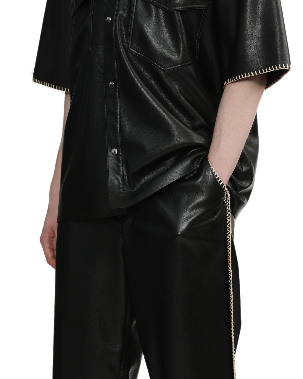 Raffia-trimmed leather pants