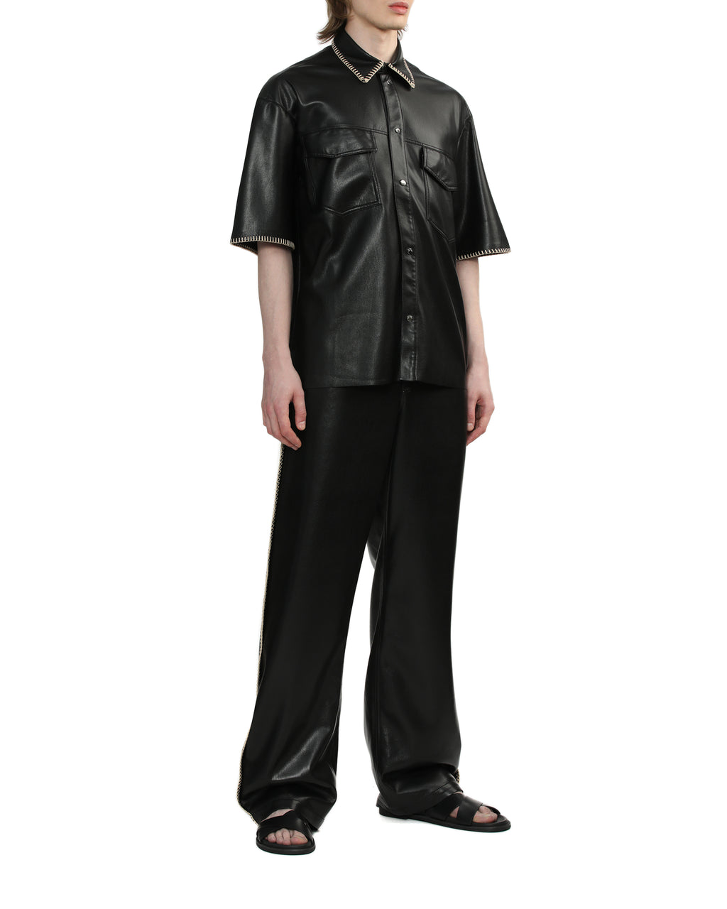 Raffia-trimmed leather shirt