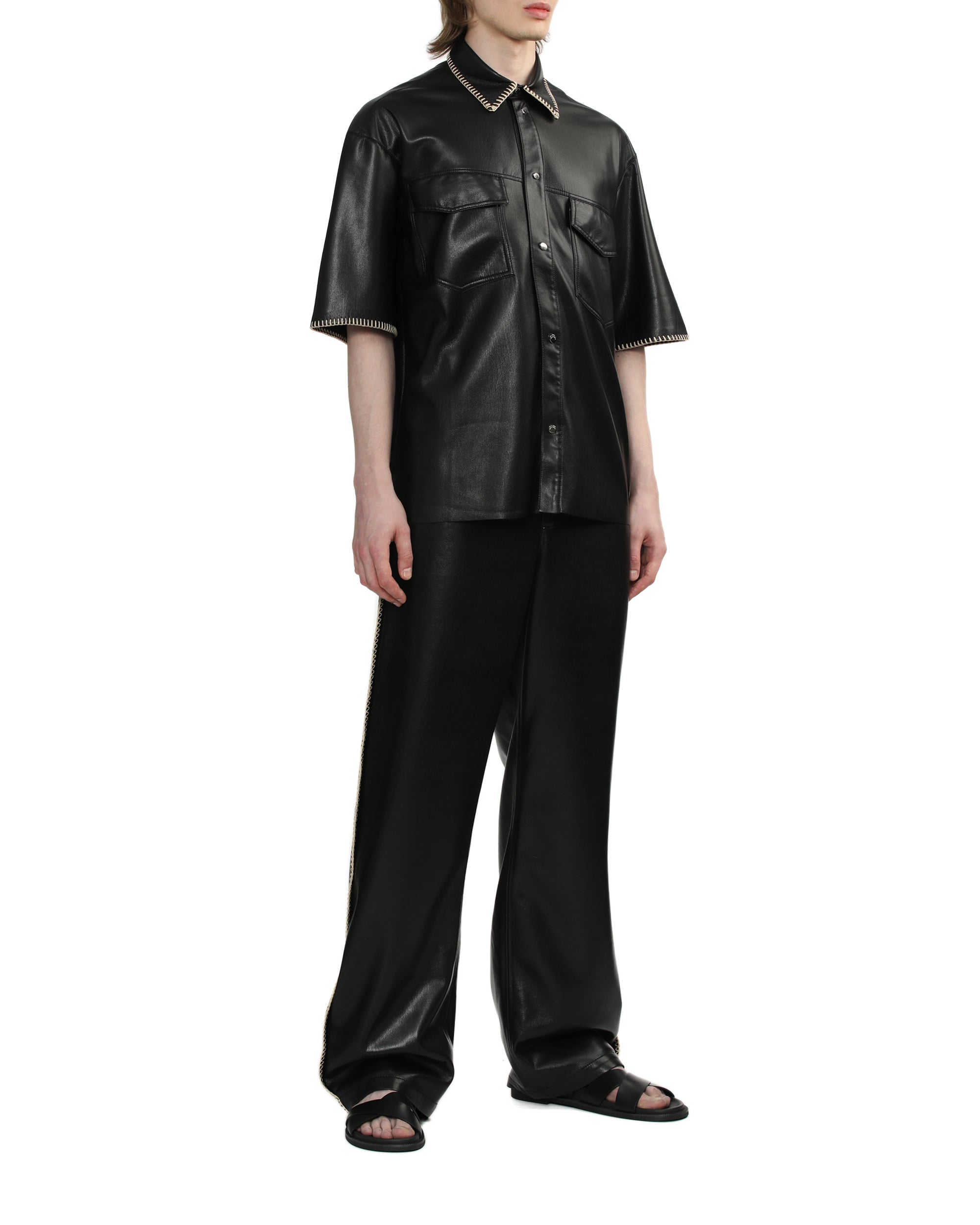 Raffia-trimmed leather shirt
