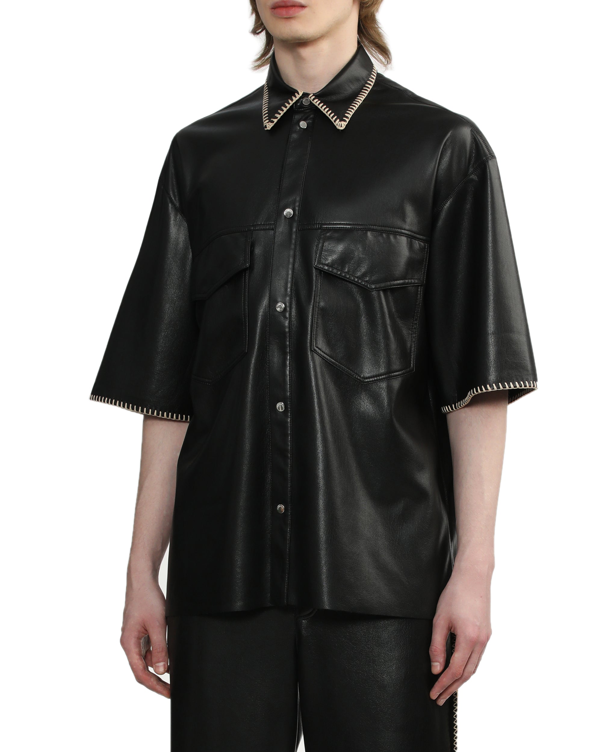 Raffia-trimmed leather shirt