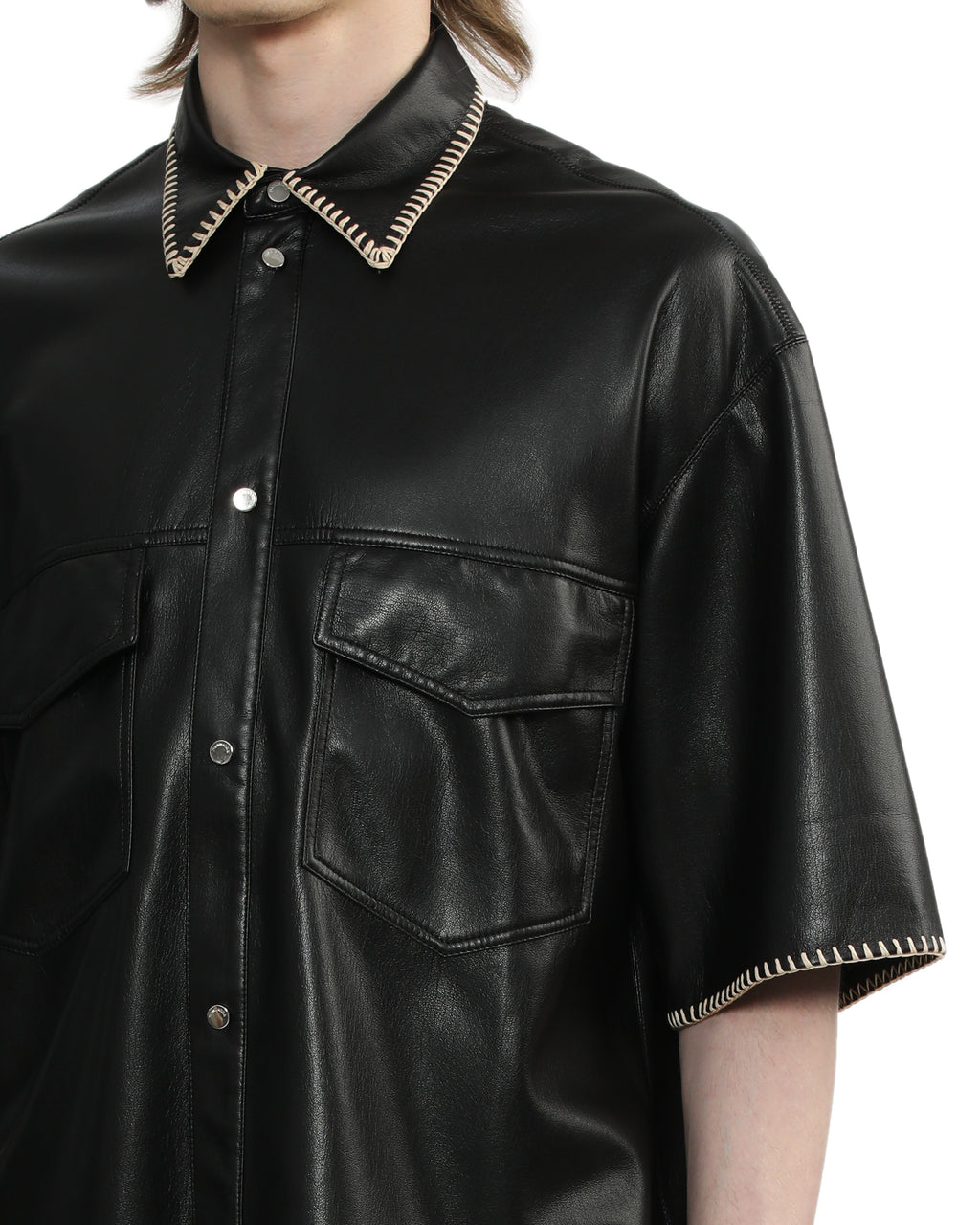 Raffia-trimmed leather shirt