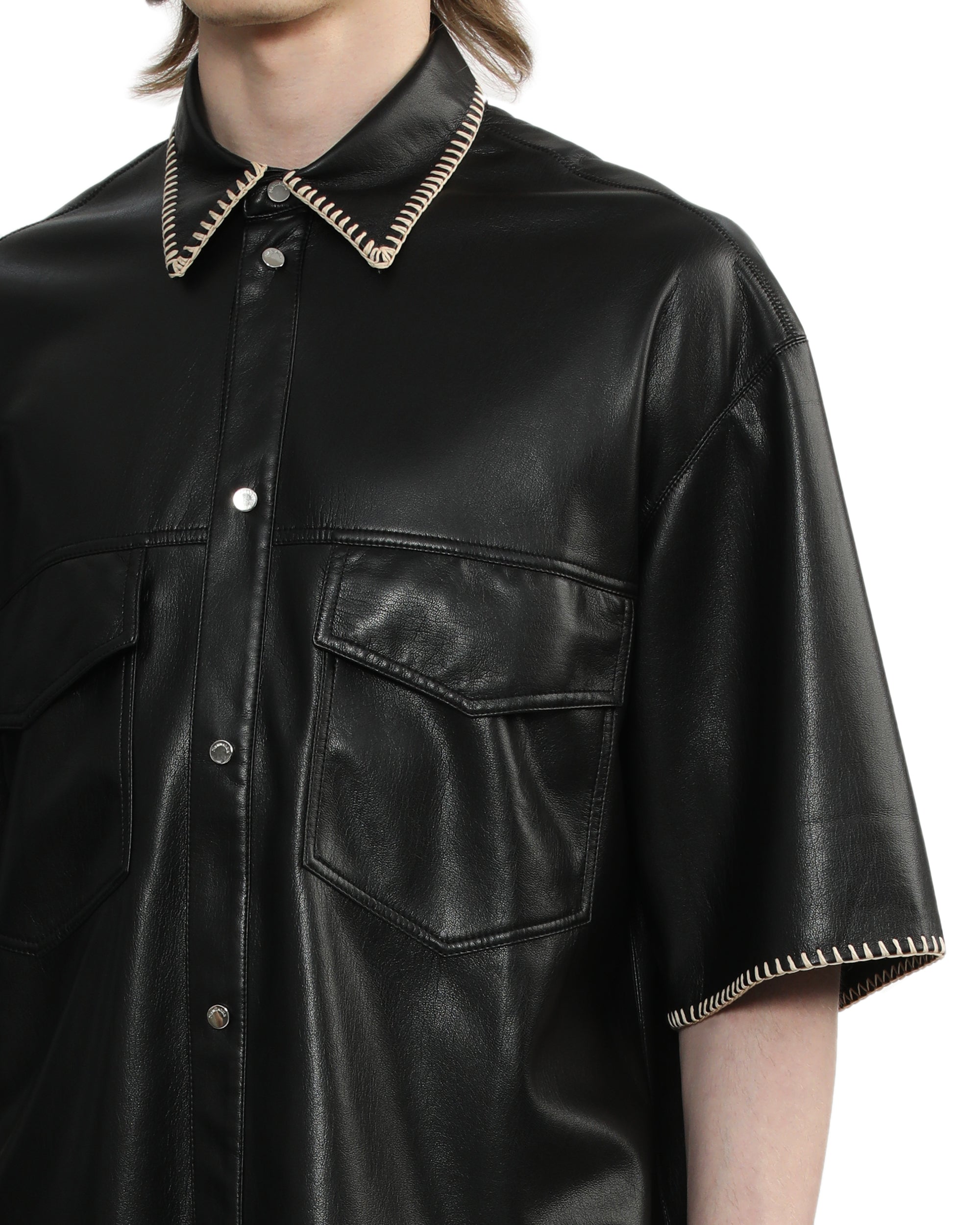 Raffia-trimmed leather shirt