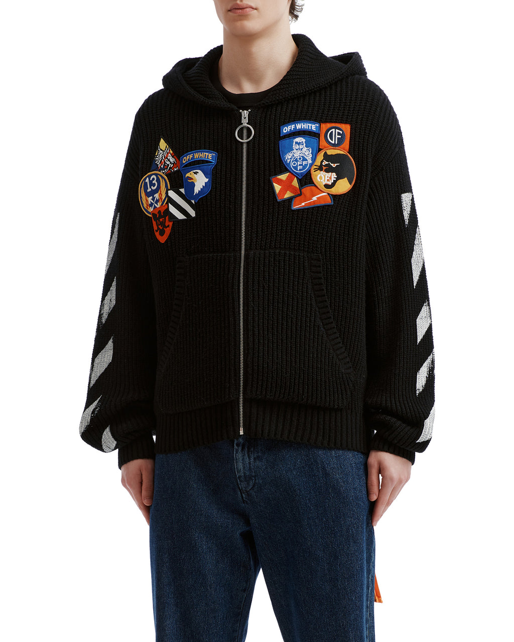 Patch zip hooded sweater