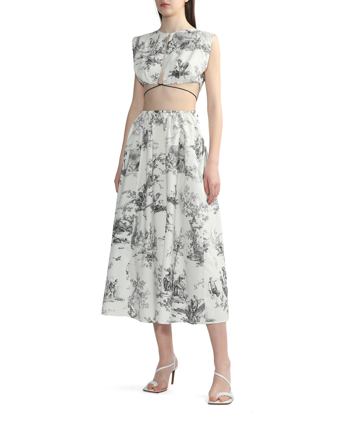 Toile de Jouy poplin dress with cut-out