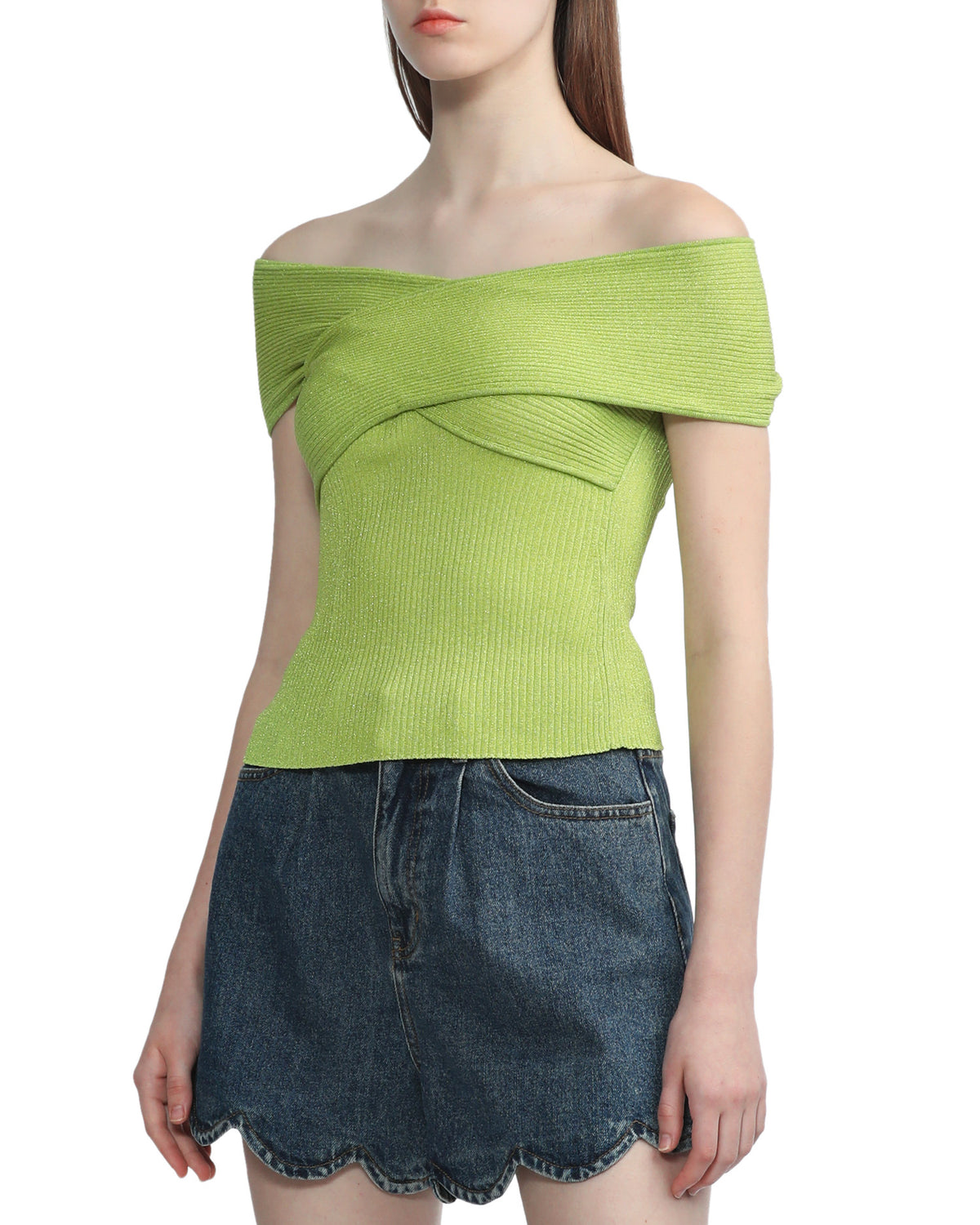 Lurex knit off-shoulder top