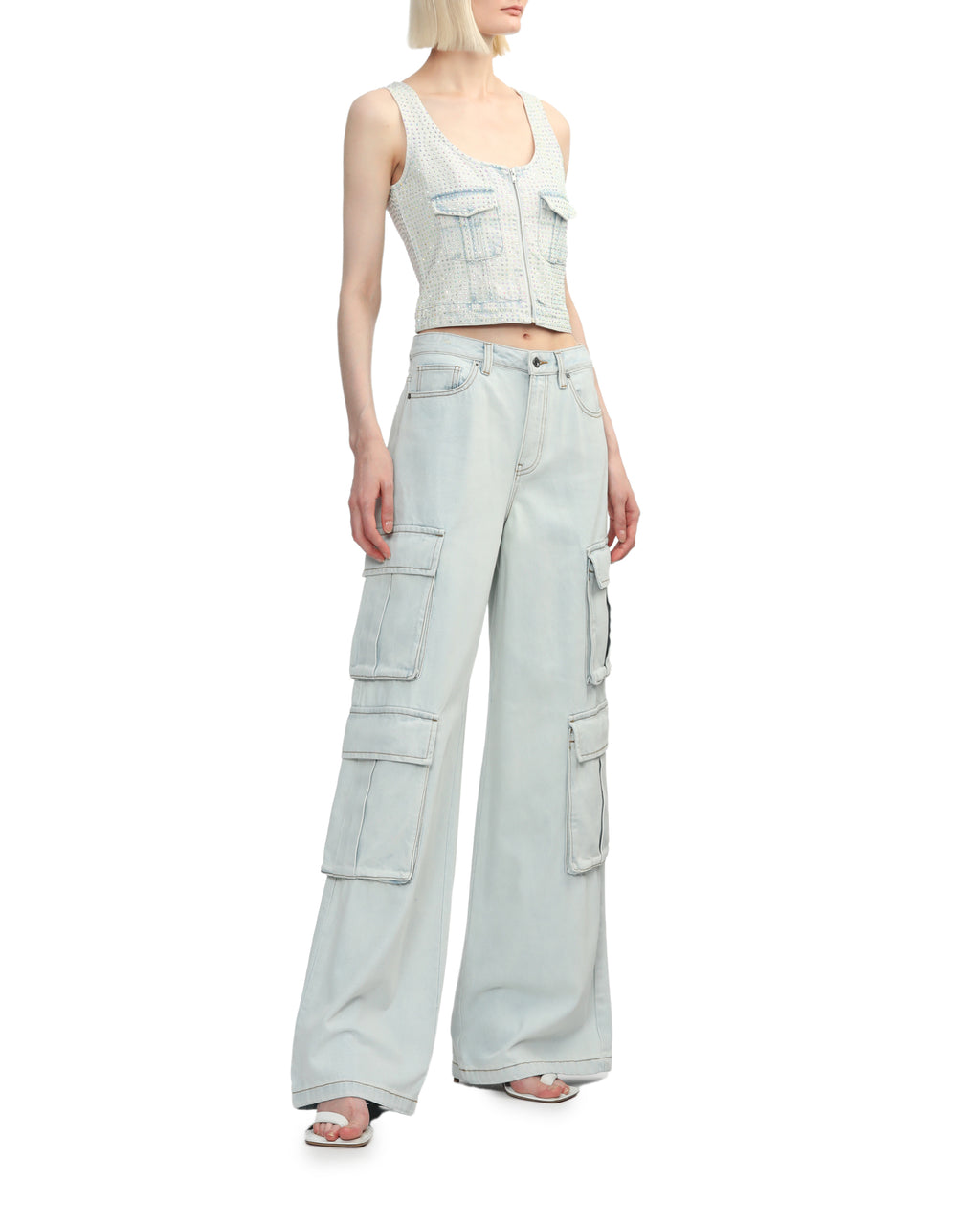 Rhinestone denim cargo top