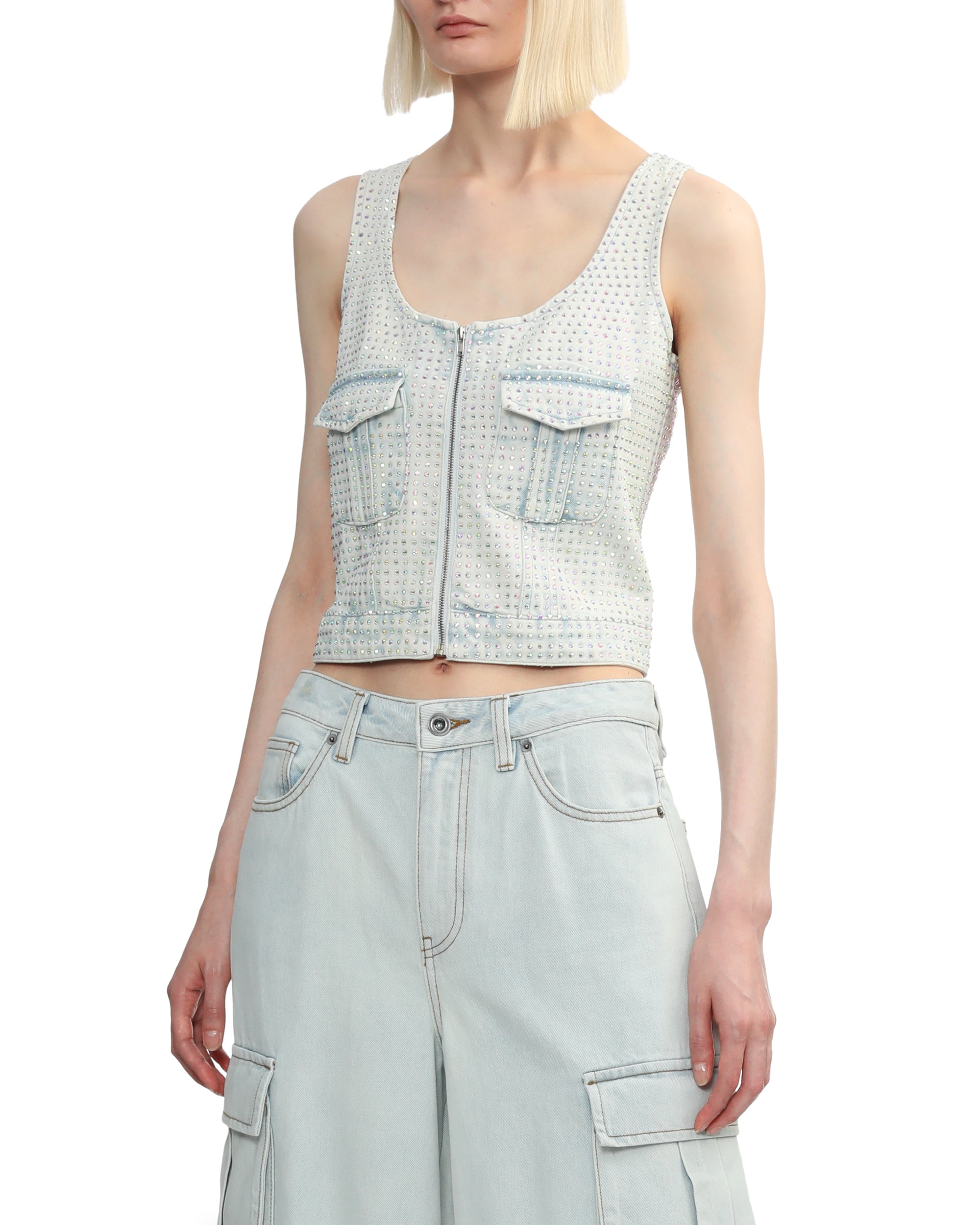 Rhinestone denim cargo top