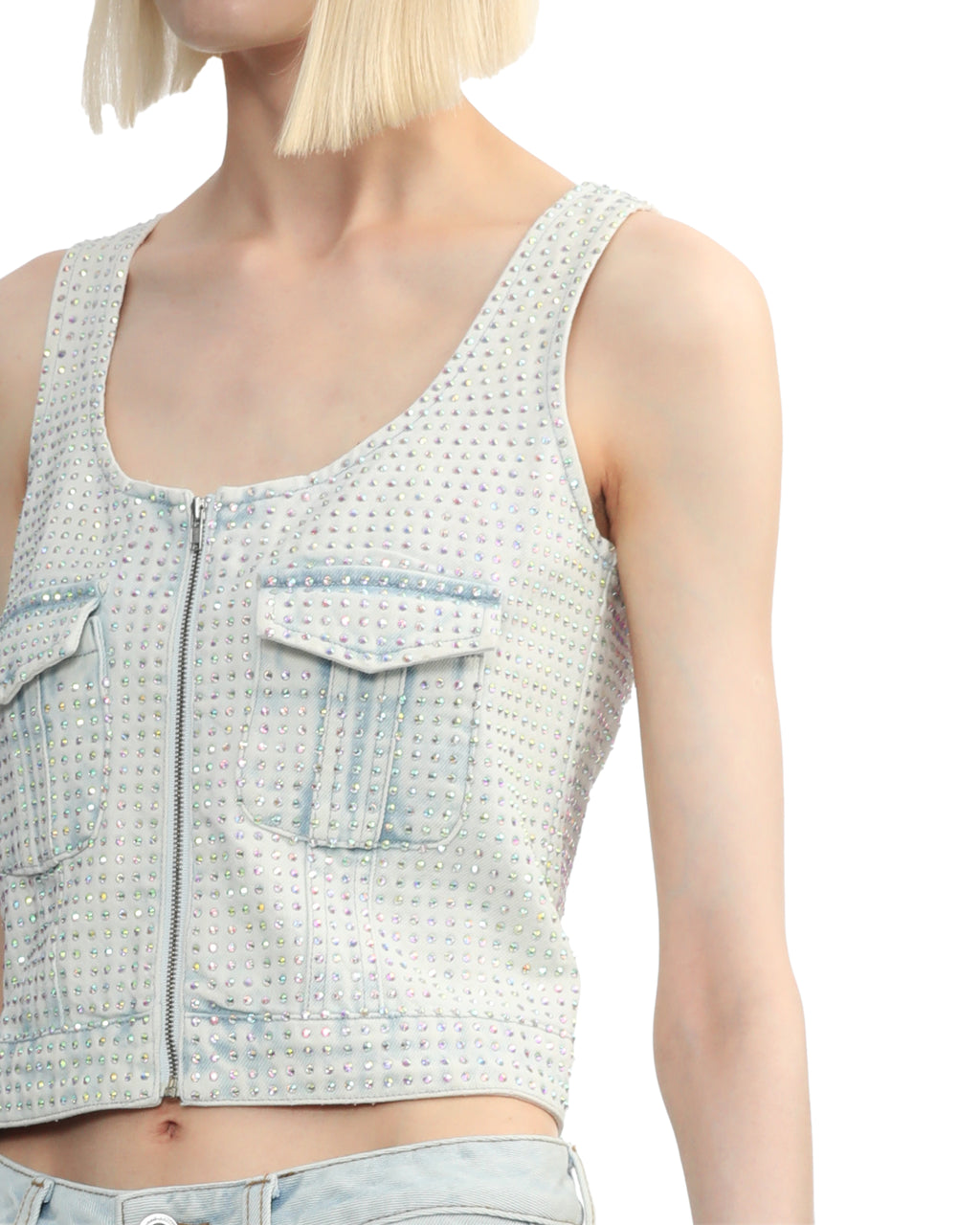Rhinestone denim cargo top