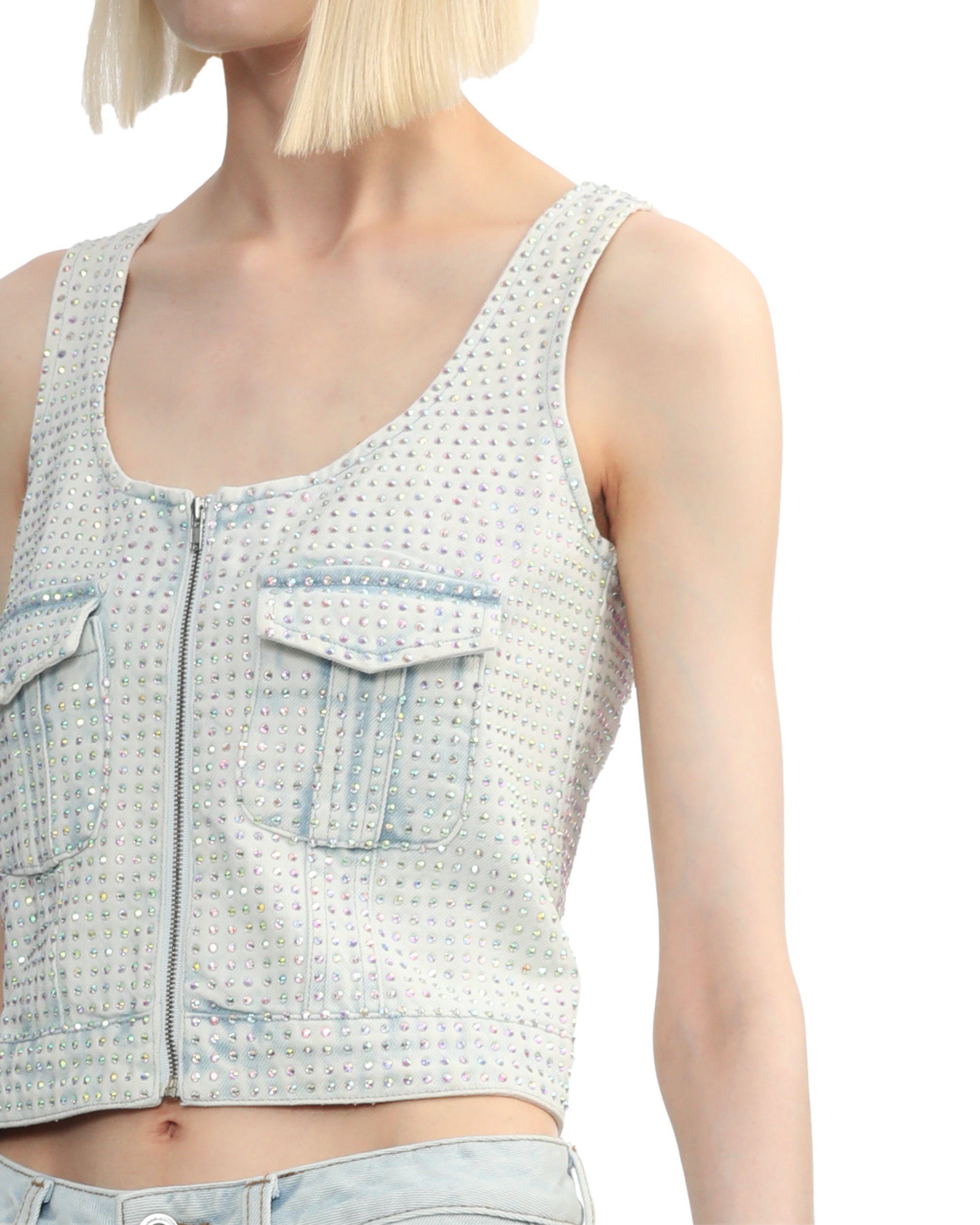 Rhinestone denim cargo top
