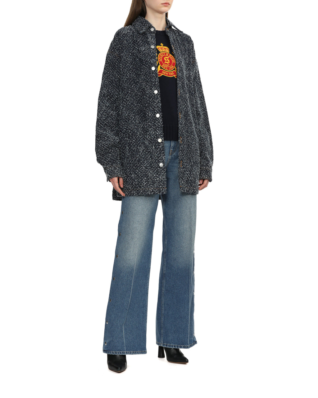 Popper-studded bootcut denim jeans