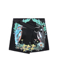 Bird crest print satin wrap mini skirt