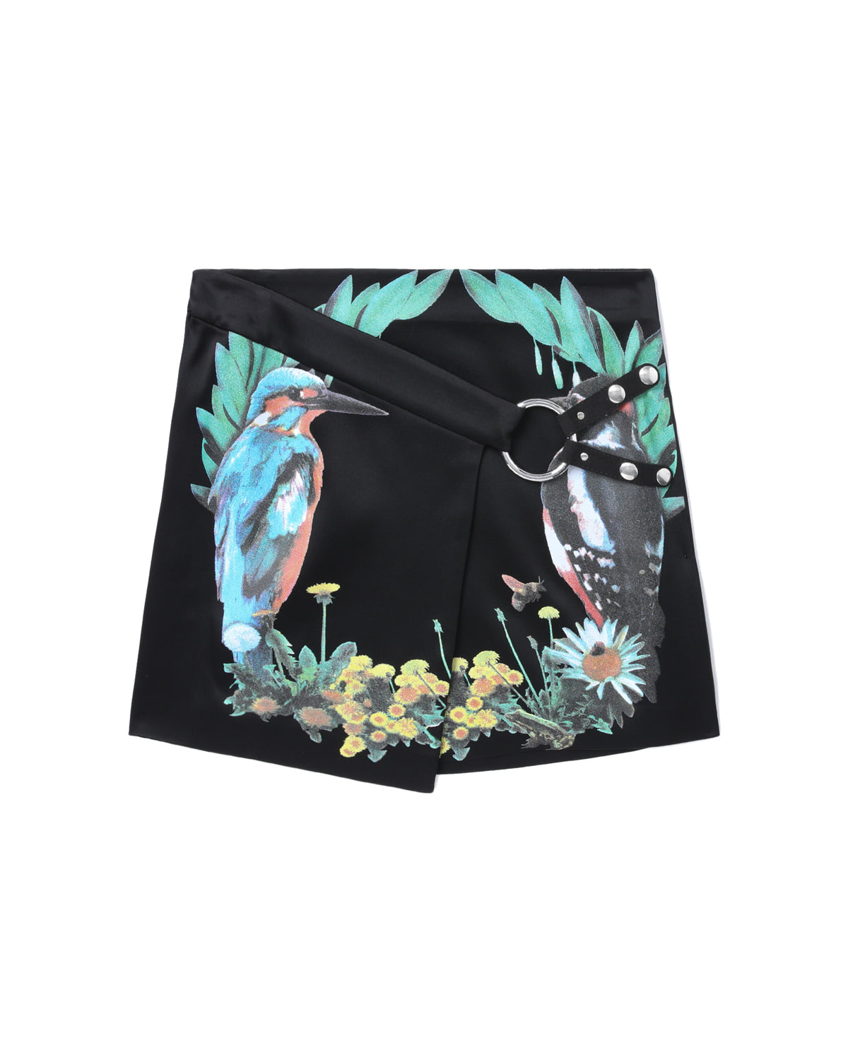 Bird crest print satin wrap mini skirt