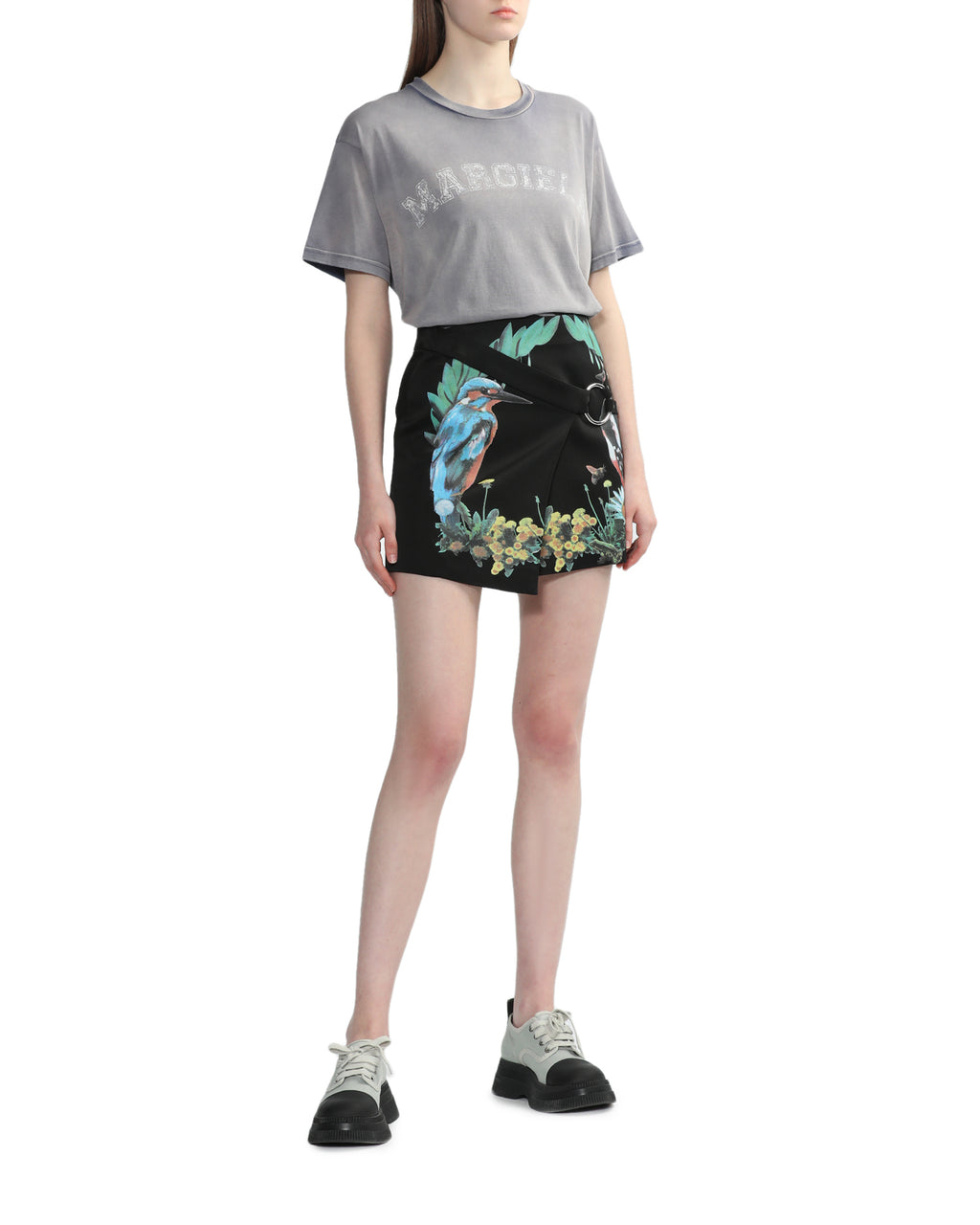 Bird crest print satin wrap mini skirt