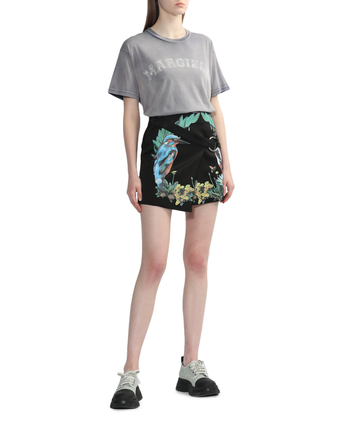 Bird crest print satin wrap mini skirt