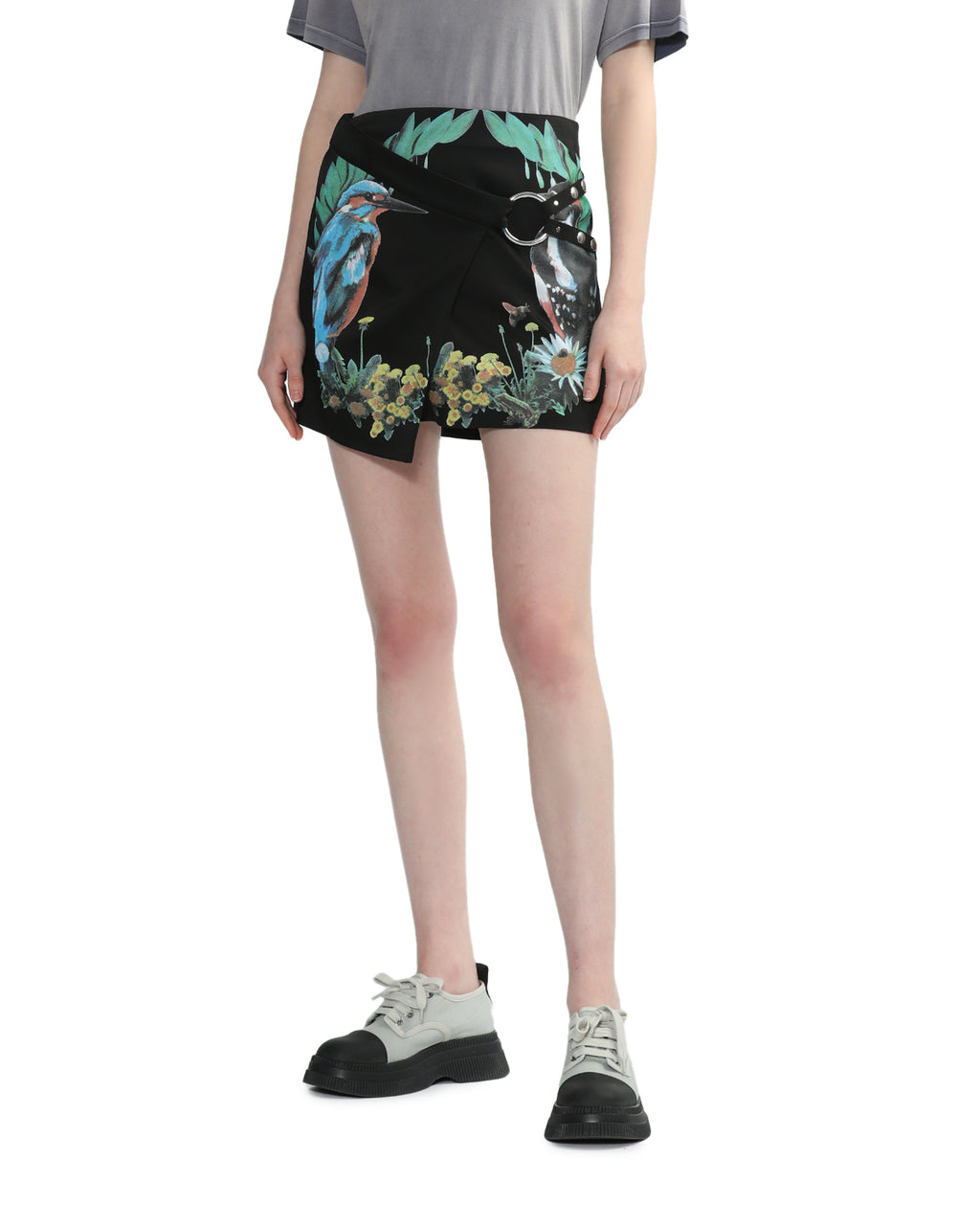 Bird crest print satin wrap mini skirt