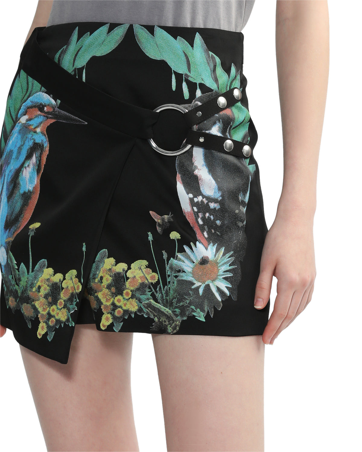Bird crest print satin wrap mini skirt