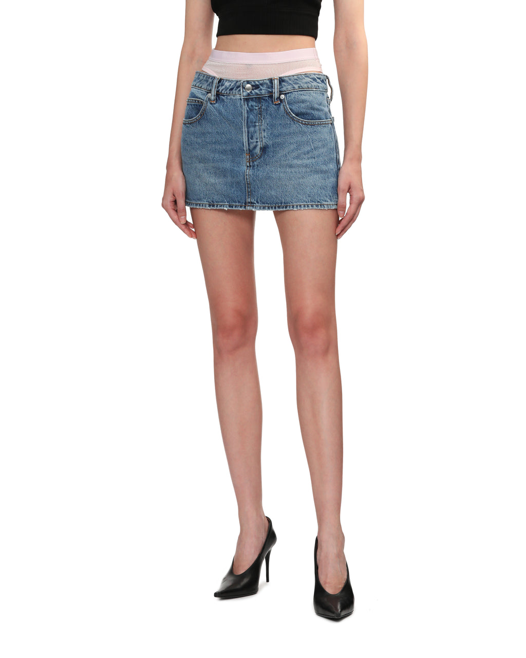 Pre-styled crystal hotfix denim mini skirt