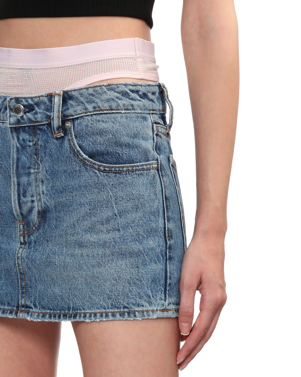 Pre-styled crystal hotfix denim mini skirt