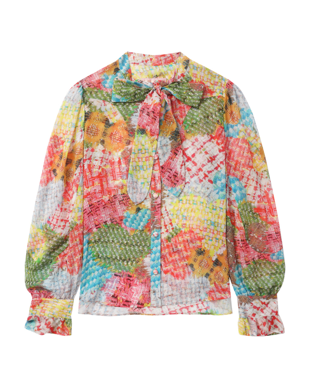 Patchwork print bow-tie blouse