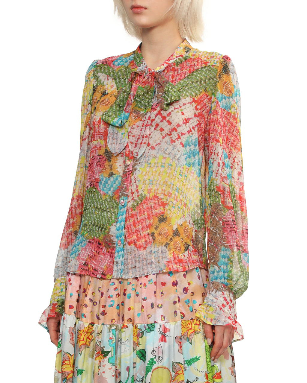 Patchwork print bow-tie blouse