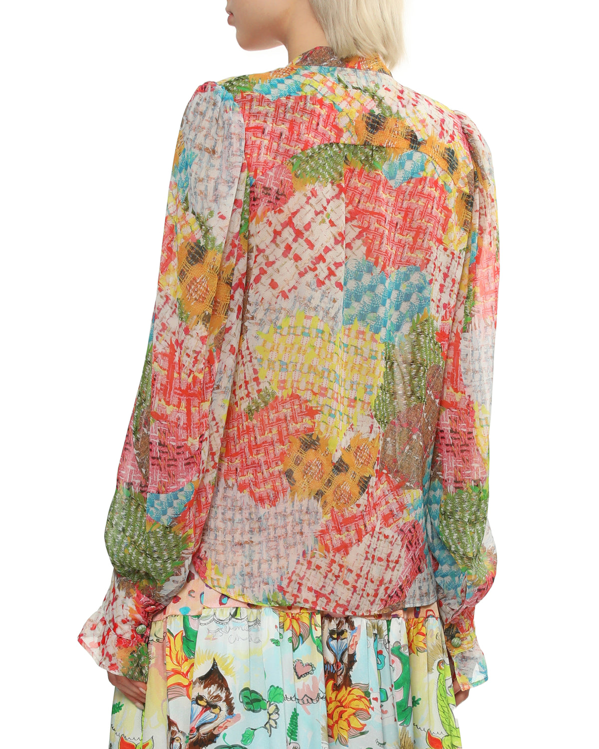 Patchwork print bow-tie blouse