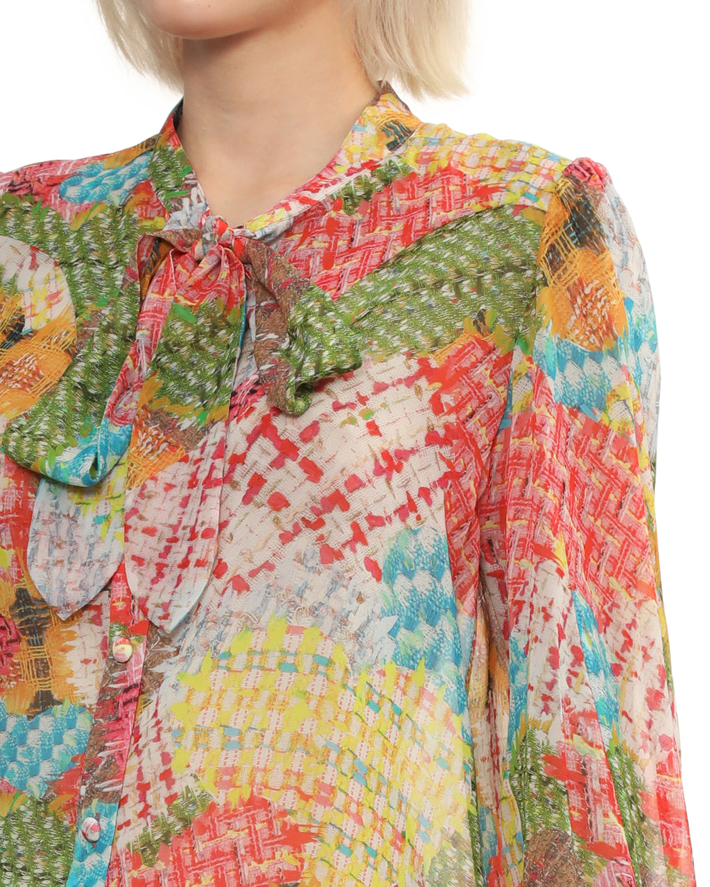 Patchwork print bow-tie blouse